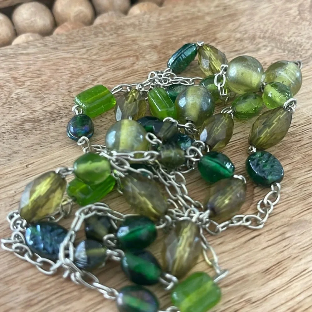 Beaded long necklace glass green silver link chain boho casual